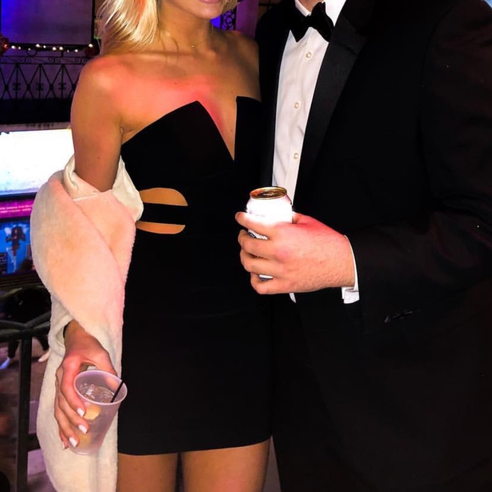 black strapless designer mini formal dress